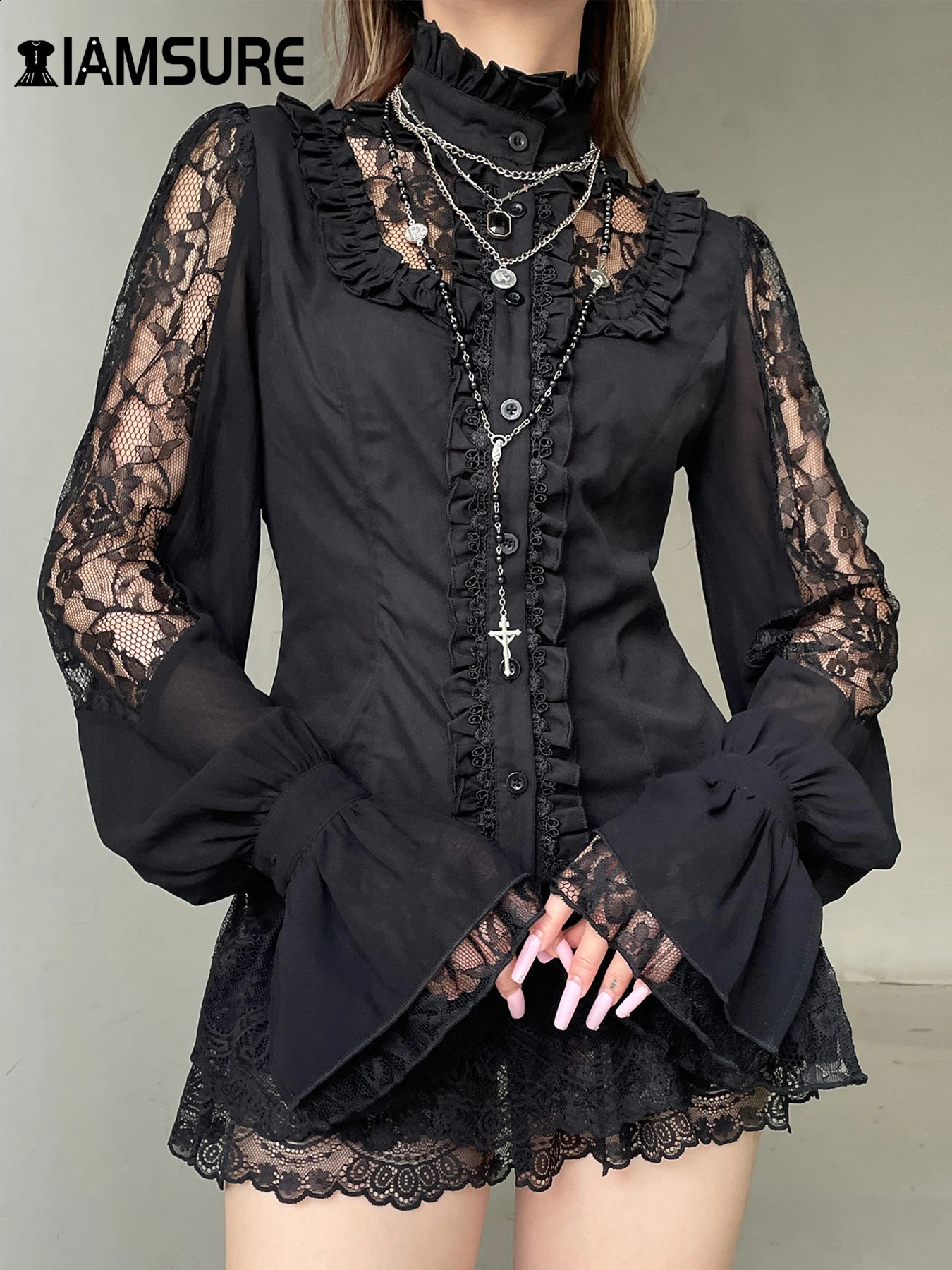 IAMSURE retro dark patch work lace shirt Gothic See Through Turtleneck long sleeved womens springsummer streetwear 250318