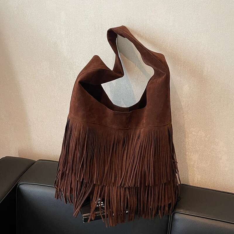 Women Frosted Slouchy Hobo Faux Suede Fringe Underarm Large Capacity Travel Tote Handbag Ladies Commute Bag