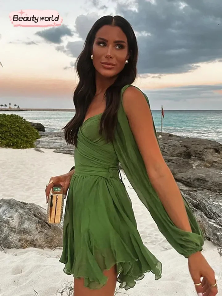 Womens Sexy Chiffon Green Ruffles Split Dress Vneck Long Sleeve A Line Mini Dresses 2025 Female Holiday Beach Vacation 250319