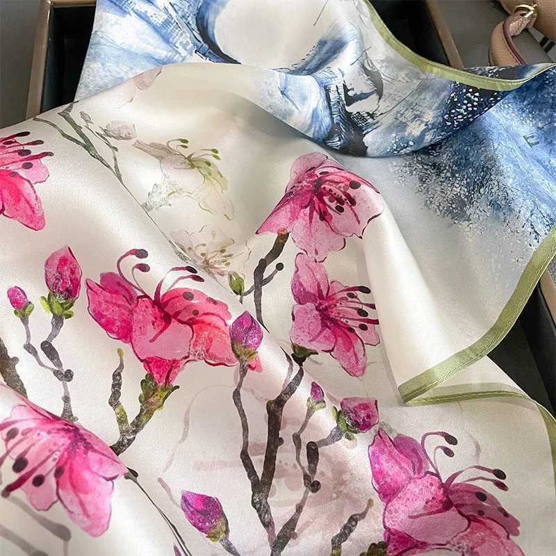 53cm natural silk scarf with collar and collar foard Bandana small hair fashionable floral tie for women 2024 new item X250319