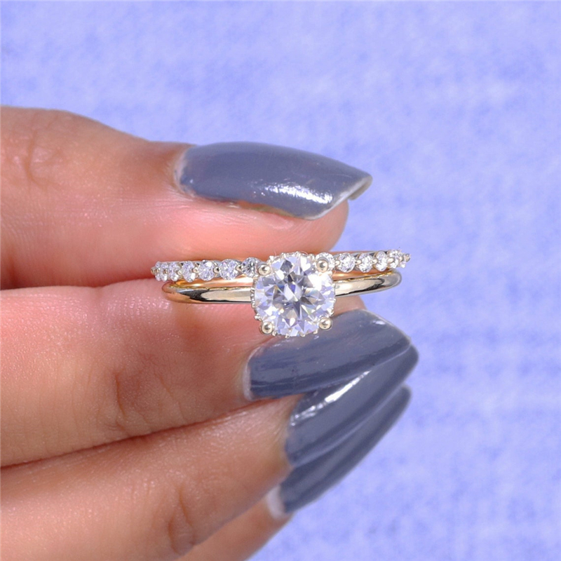 Jewelry 1.00 CT Round IGI Lab Grown Diamond Bridal HPHT Ring Set Real Yellow Gold Round Diamond Hidden Halo Ring Engagement Ring For Women