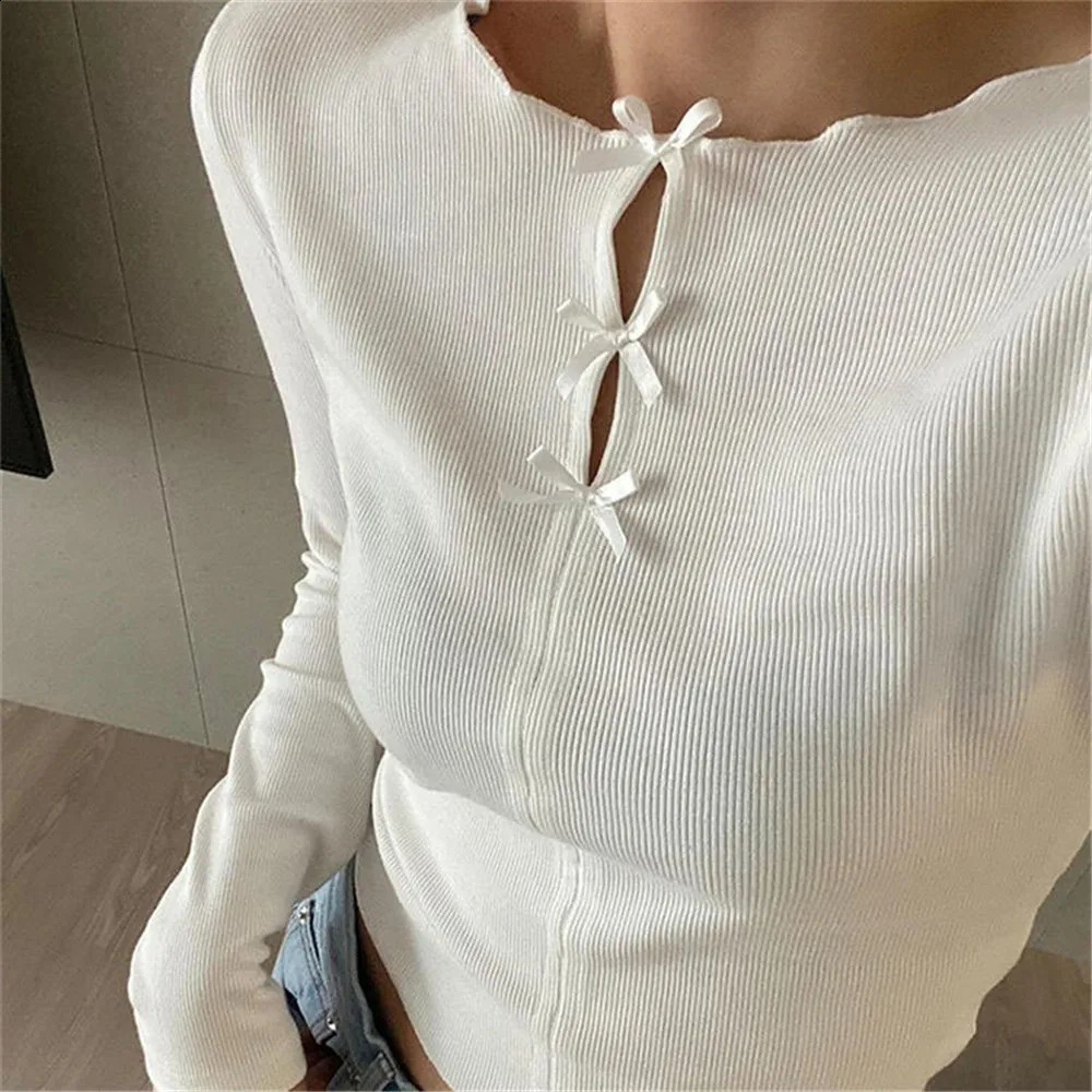 Bow Hollowed Out Sweet T-shirt Summer Slimming Long Sleeved T-shirt Women Blouses Korean Spicy Girl Bottoms Y2k Korean Tops 250319