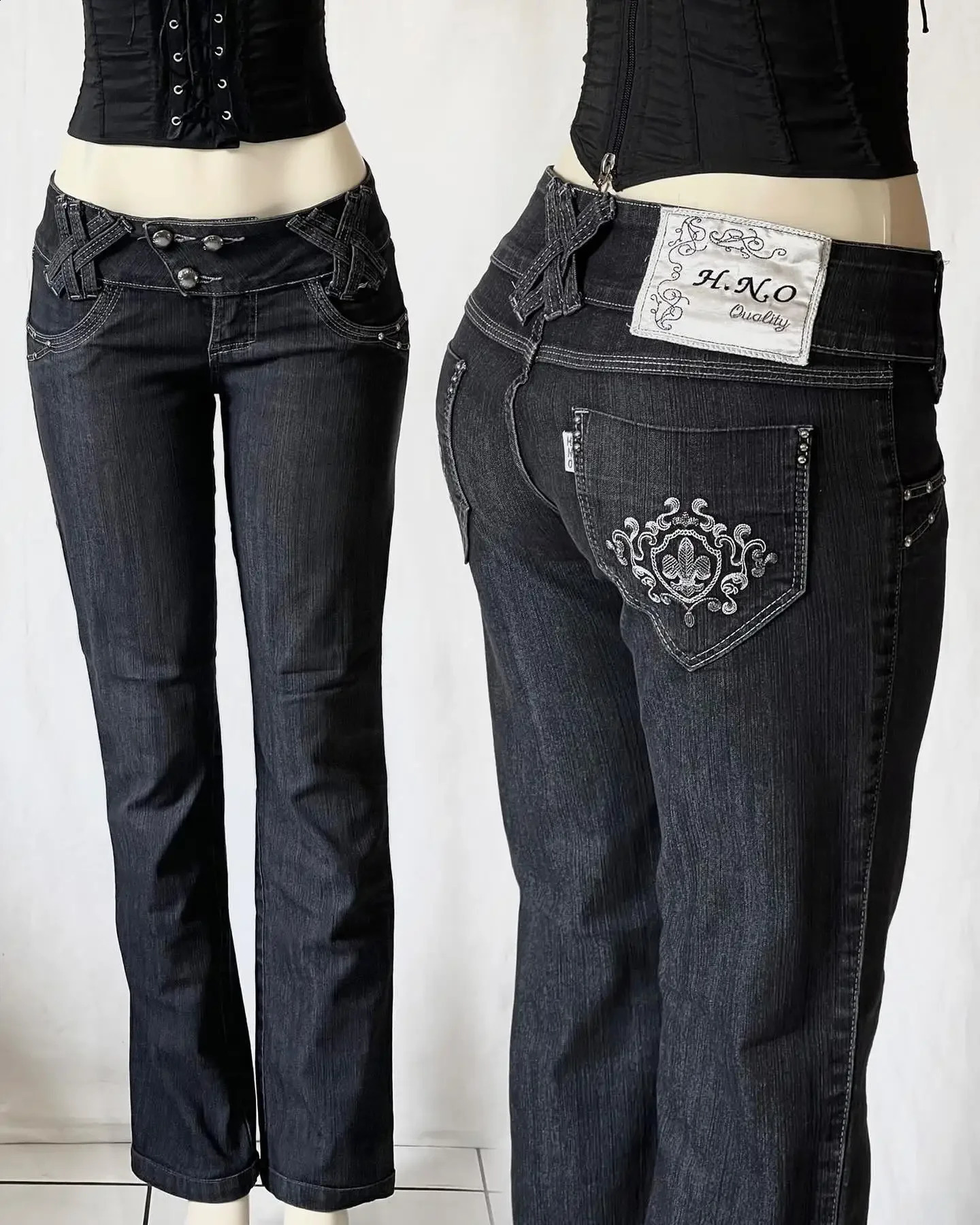 Y2K retro slim fit womens jeans fashionable high waist pattern ed street casual wide leg pants 250317