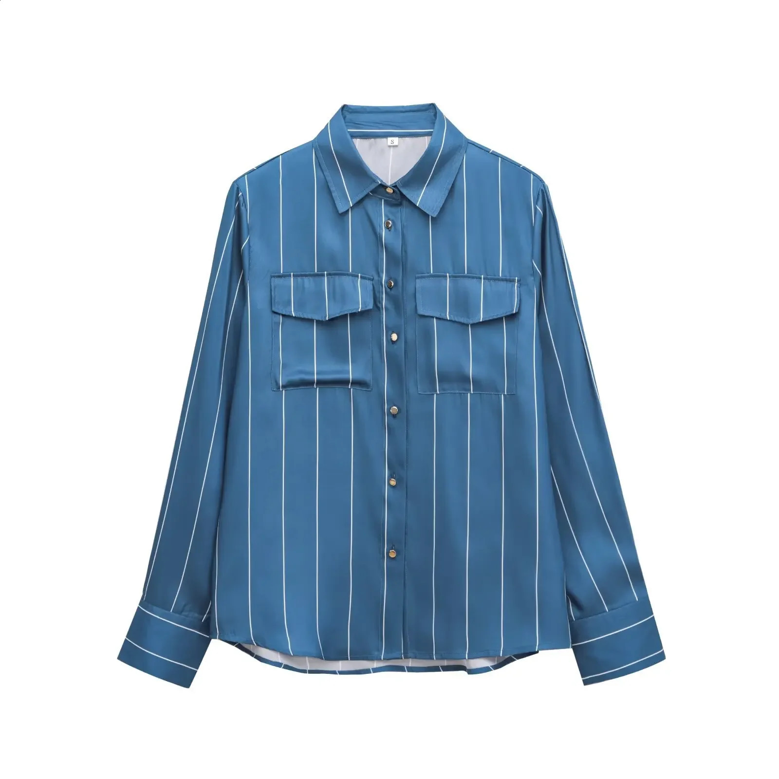 ZRWOMENS Clothing Winter striped lapel long sleeved pocket silk satin feel shirt womens buttons 250318