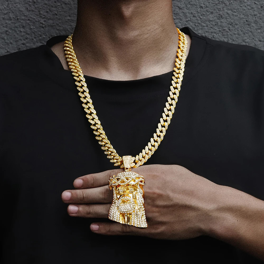 Iced Out Jesus Christ Head Charm Pendant Rhinestone Necklace With 13mm Miami Cuban Link Chain Hip Hop Style For Men Women Gift 250313