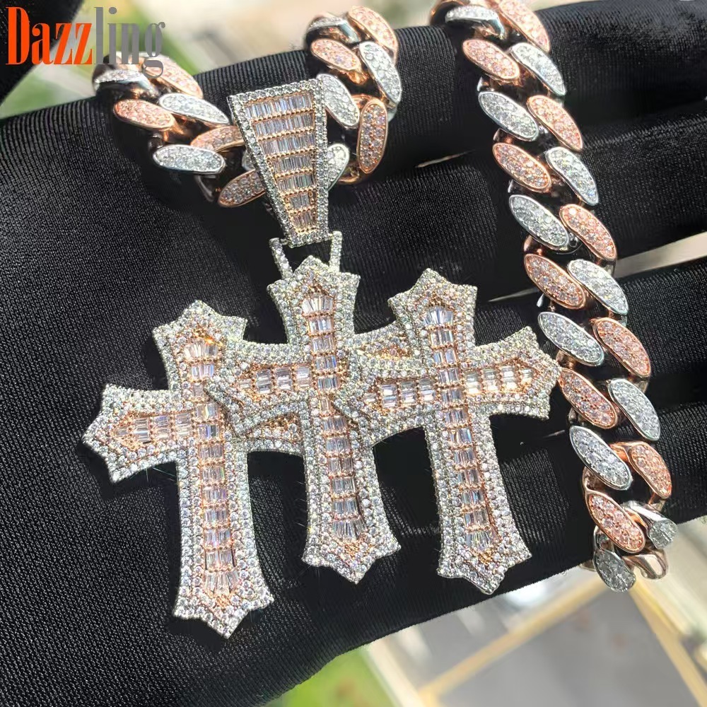 2025 Designer jewelry Lifeng Jewelry Bust Down VVS Moissanite Two Tone Cross Pendant Hiphop Sterling Silver Diamond Charm Necklace Jewelry Set