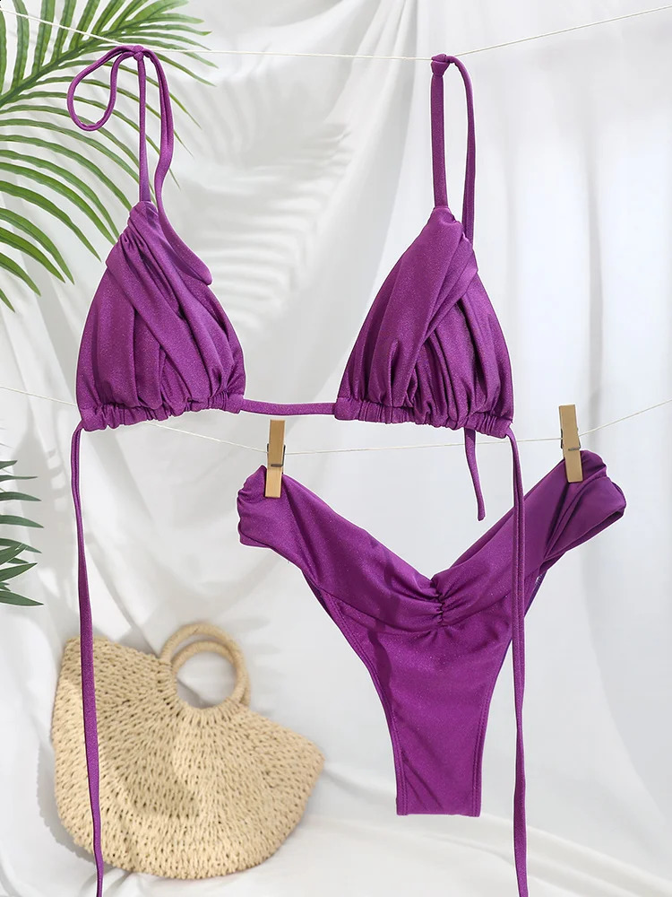 2025 High Waist Sexy Folding Bikini Set Solid Micro Womens Swimsuit Triangle Beach 250311