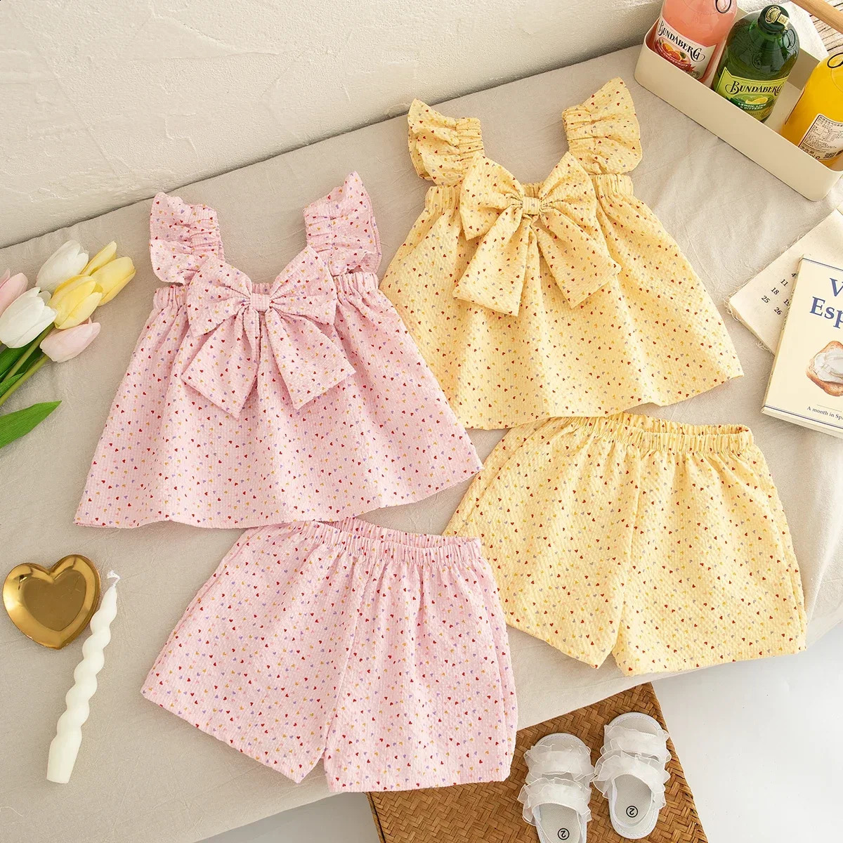 Two piece baby clothing set summer full print fly sleeves born project sweet bow girl 250319