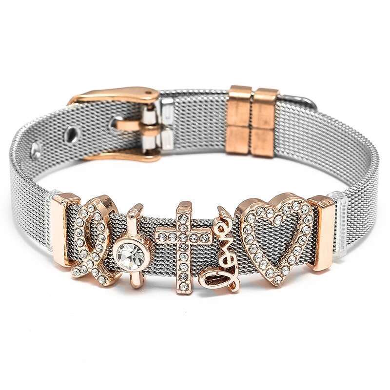 10mm Love Crystal Cross Beads Stainless Steel Mesh Bracelets Charm Keeper Bracelets Bangles For Women Men Fashion Jewelry Gift