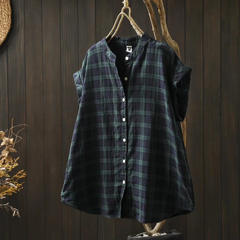 Retro cotton linen shirt womens fashionable streetwear short sleeved collarless summer shirt womens breathable and comfortable top 250318