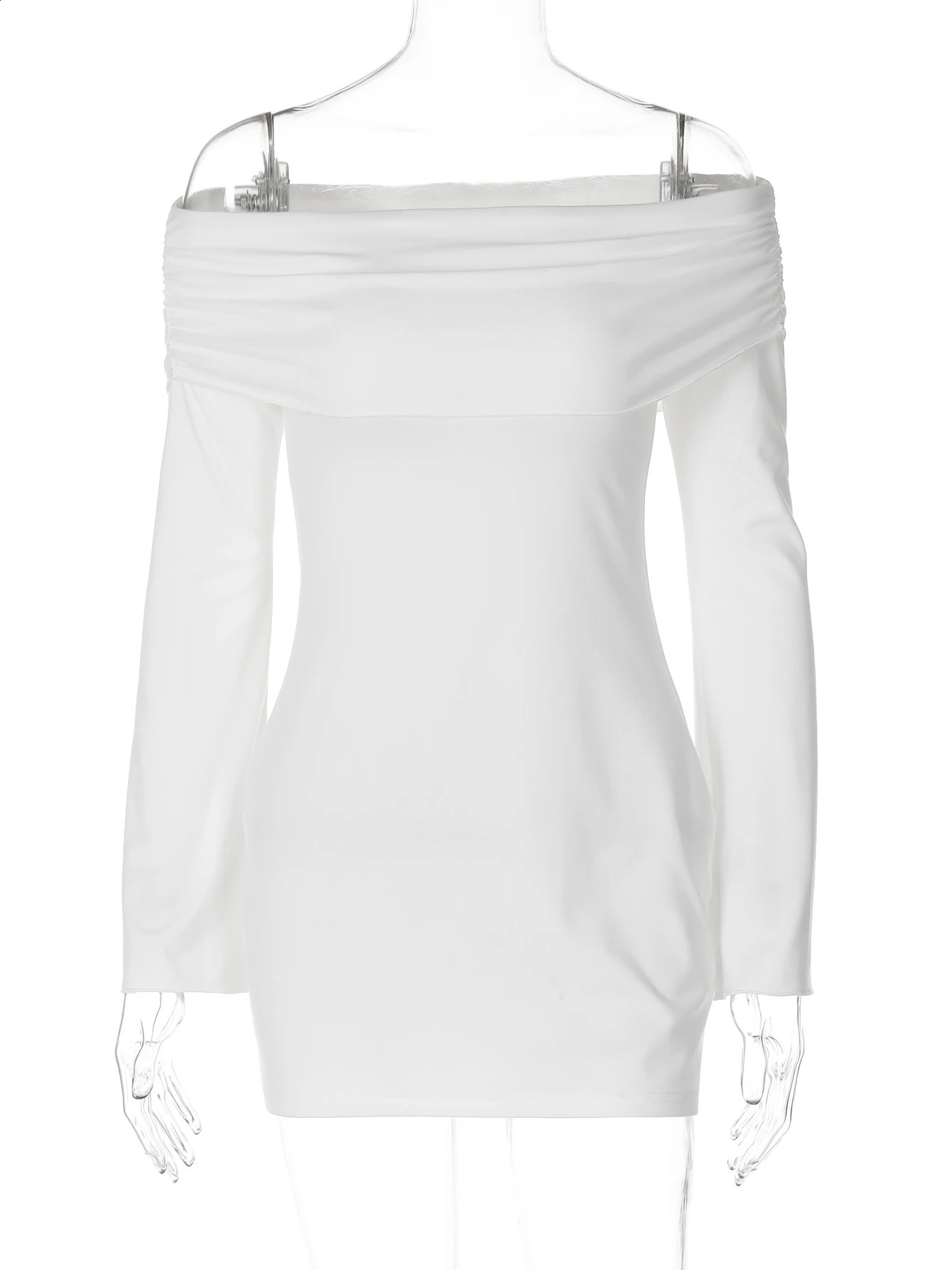 Hugcitar Solid Slash Neck Long Sleeve Ruched Elegant Sexy Bodycon Mini Dress Spring Women Y2K Clothes Evening Party Vacation 250319