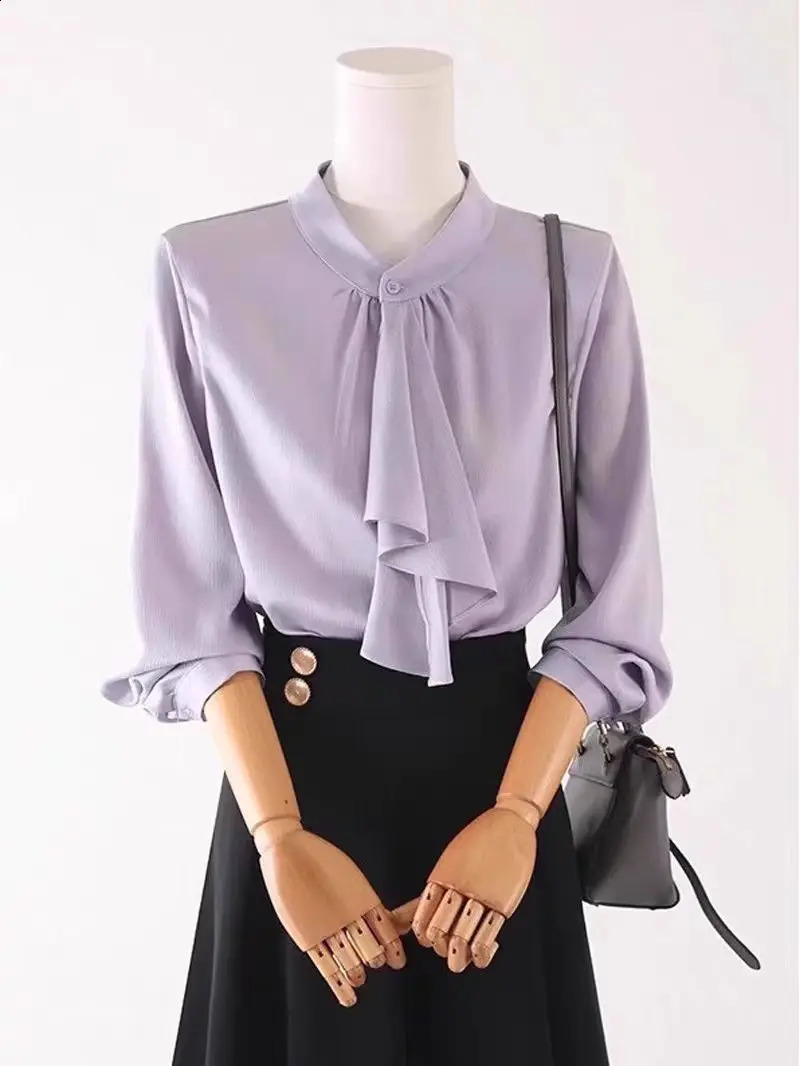 Spring and Autumn Elegant Fashion Scarf Collar Shirt Womens Long Sleeve Warm Solid Color Full Match Top Button 250319