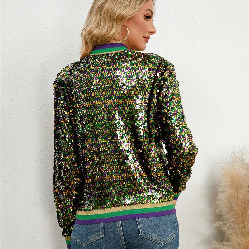SpringAutumn Colorful Glitter Jacket Womens Patch Workbench Collar Long Sleeve Short Top Baseball Uniform 250317