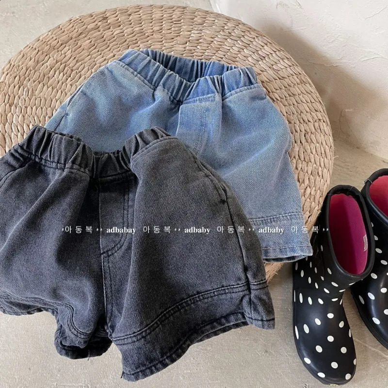 Korean Style Summer Children Denim Shorts Boys and Girls Black Blue Elastic Waist Loose Short Jeans Fashion Kids Pants A122231 250319