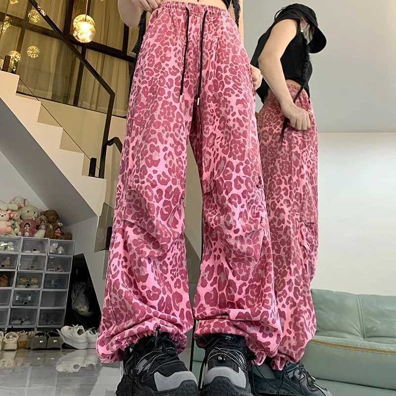 Womens American streetwear bag Y2k jeans girl retro Harajuku Trouser womens red leopard print Japanese 2000s wide leg pantsT250319