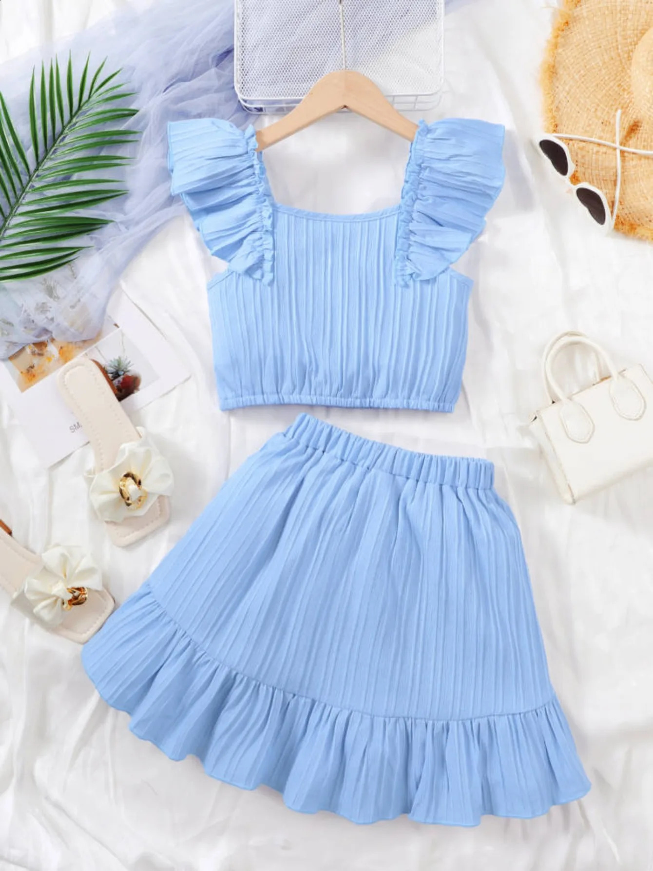Kid Girls Summer Princess Clothing Set Flutter Sleeve Plain Color TopsShort Skirt Sweet Style Party Wear For Child 8-12 Years 250319