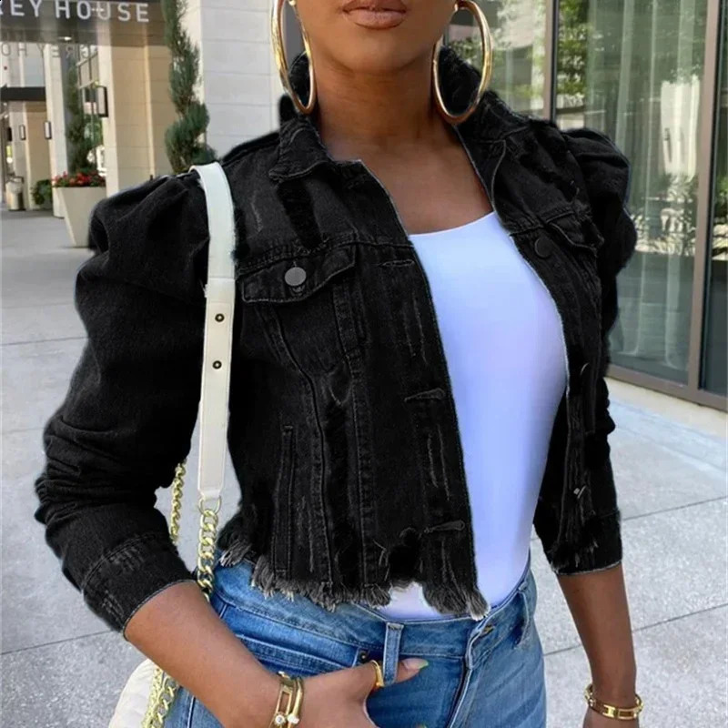 Fashionable Bubble Long Sleeve Collar Button Spliced Denim Jacket for Womens Piercing Tassel Trend Street Clothing 250319