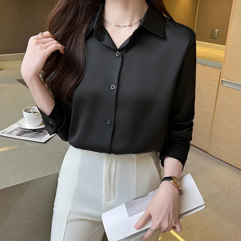 Spring Autumn Elegant Satin Womens Blouse 2025 Long Sleeve Single Breasted Korean Casual Loose Office Shirts Female 250318
