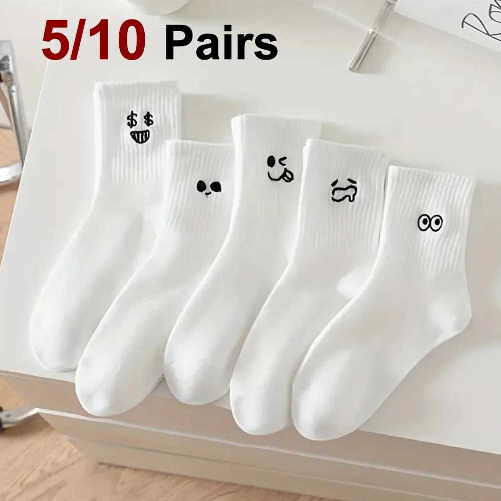 5/10 pairs of womens white cartoon socks fashion version expresses socks with simple design soft breathable comfortable and casual socks X250319