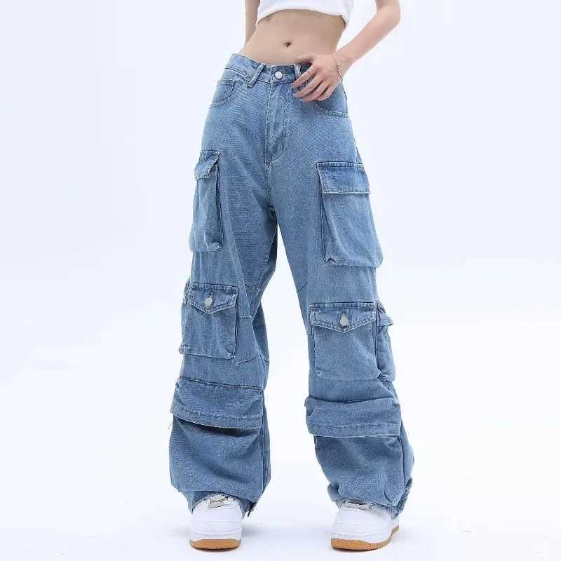 Multi-Pocket Blue Washed Jeans Cargo Pants Y2k Retro Streetwear Fashion High Waist Jeans Couple Harajuku Casual Wide Leg PantsT250319