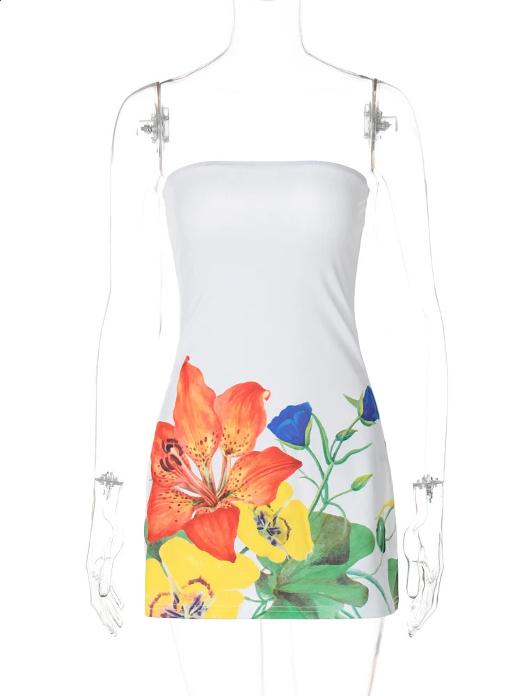 Hugcitar Elegant Flower Print Strapless Backless Sexy Bodycon Mini Dress Summer Women Y2K Outfits Birthday Beach Festival 250319