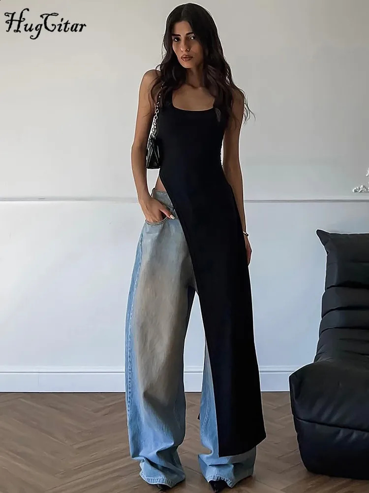 Hugcitar Fashion Solid Square Collar Straps Backless Slit Sexy Bodycon Maxi Dress Summer Women Y2K Outfits Party Vacation 250319