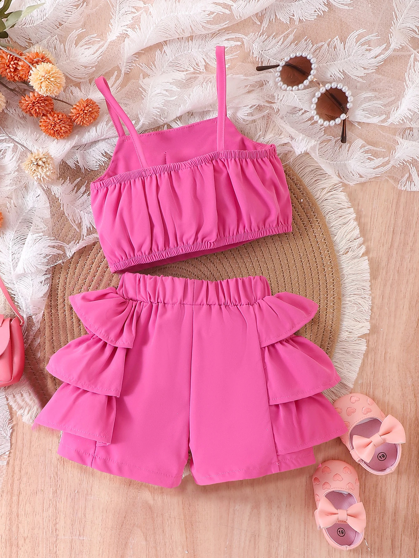 2PCS Summer Style Girls 2-7 Years Old Trendy And Comfortable Rose Red Bow Suspender Top Shorts Set 250319