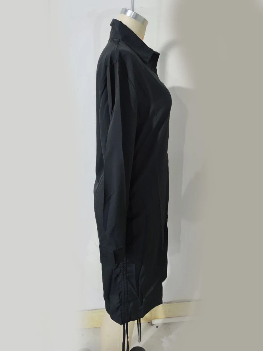 4XL 5XL LW Plus Size Spring Summer Turndown Collar Drawstring Shirt Dres Plain Long Sleeve Bodycon Mini Dresses 250319