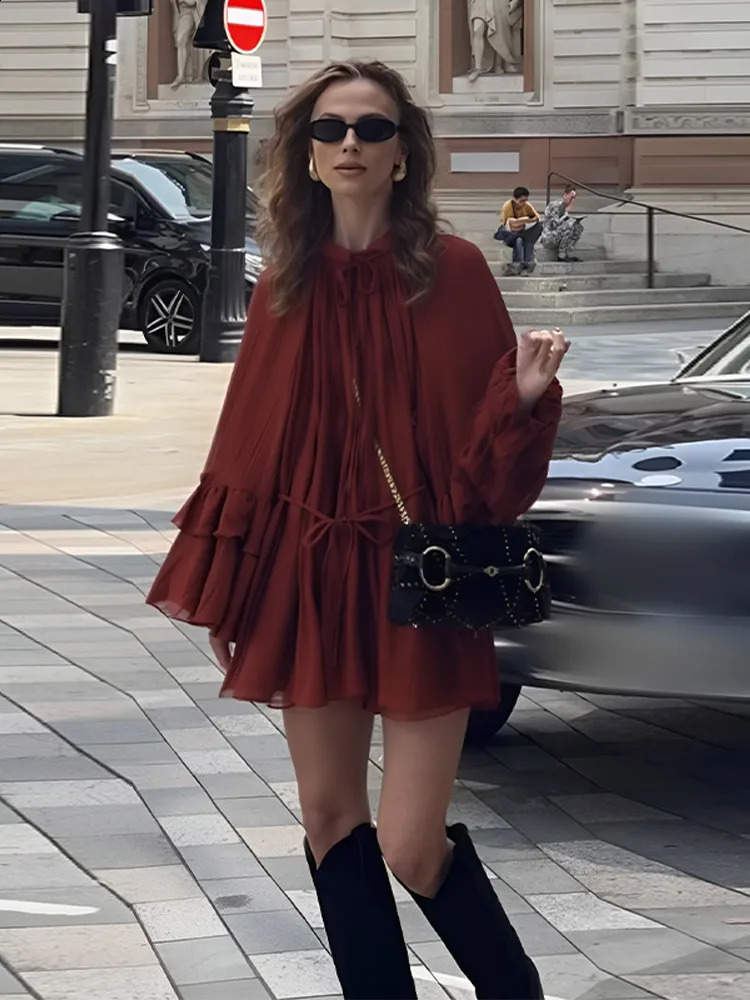 Casual loose mini dress Oneck long sleeved womens 2025 spring solid color lace hollow chiffon 250319