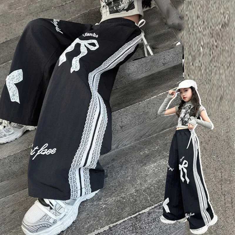 Girls printed bow pants big childrens spring fashion lace touch childrens loose casual pants autumn youth wide leg touch 5-14YT250318