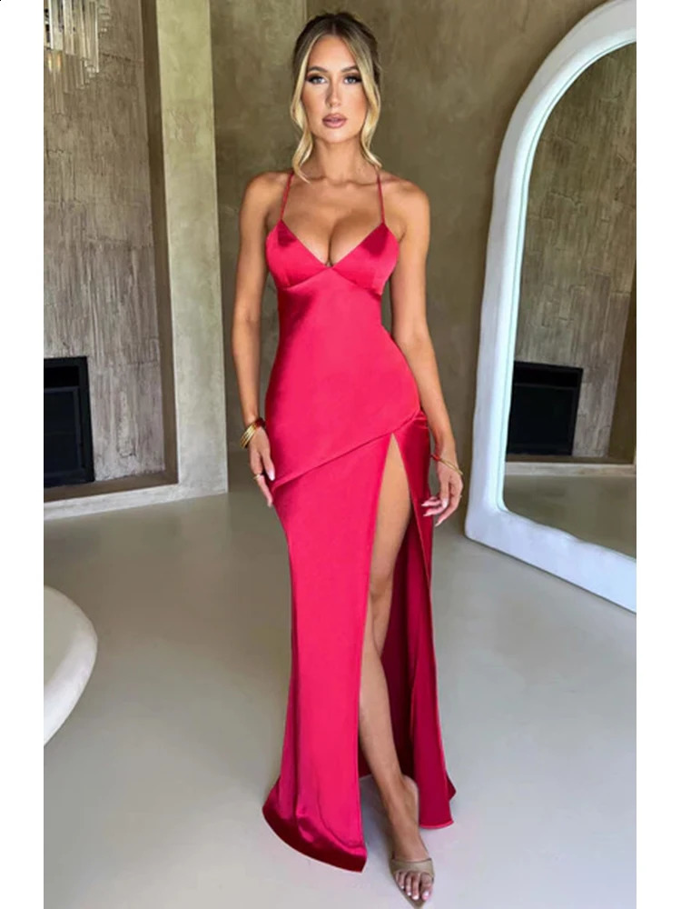 Satin Backless Cocktail - Elegant Spaghetti Strap Split Hem Slim Long Dress for Parties & Clubs C260311
