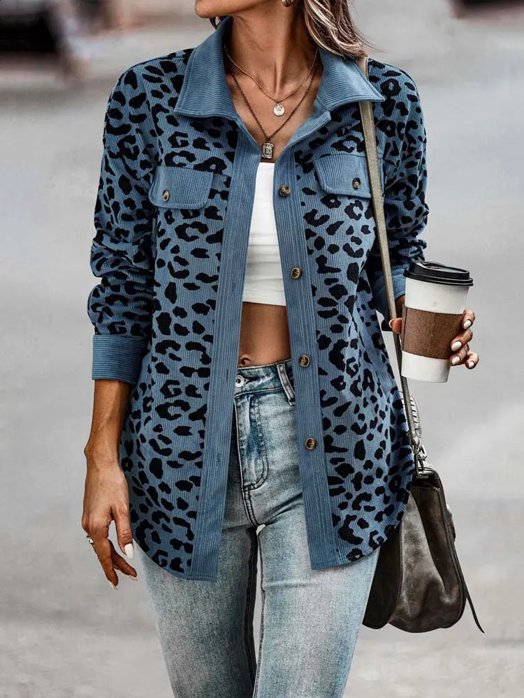 Autumn Leopard print Jacket Womens Corduroy Jacket Coat Womens Jacket Long Sleeve Winter Loose Shirt Womens Jacket 250317