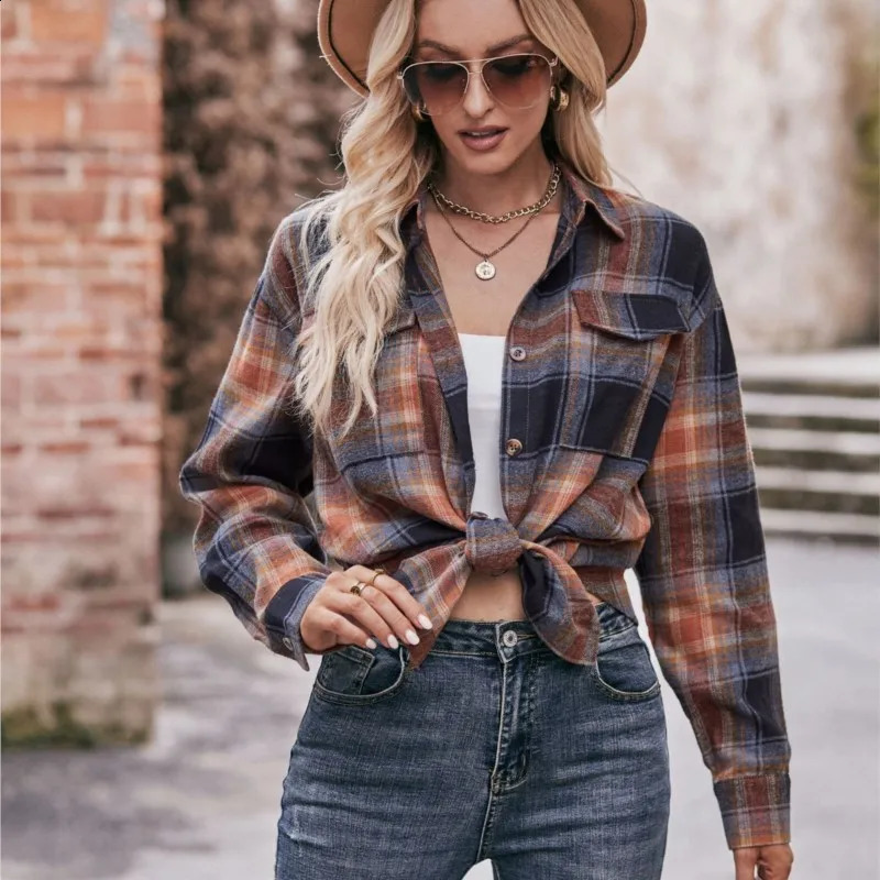 Womens long sleeved autumn button top with casual and fashionable collar oversized loose checkered shirt 250319