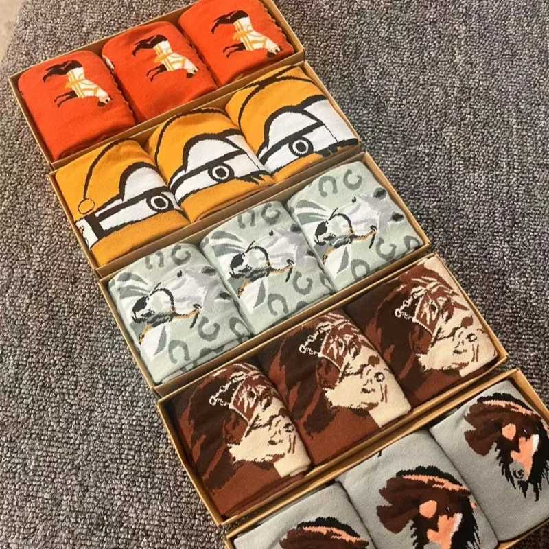 3 pairs of new gift box socks cute cartoon horse color matching versatile breathable mid tube womens socks X250319