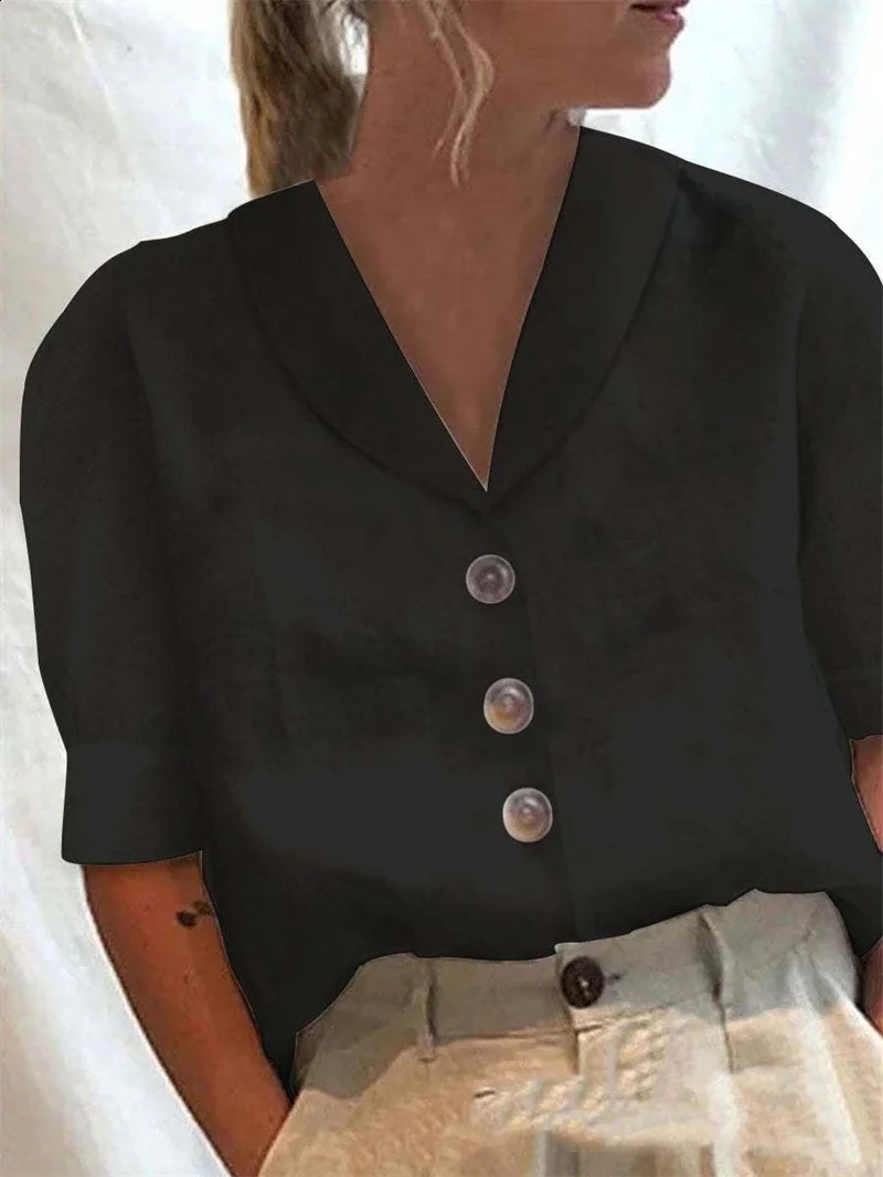 Simple Style Solid Color Cotton Linen Shirt Women Single-breasted Cardigan Lapel Blouse Female Casual Bubble Half Sleeve Top 250318
