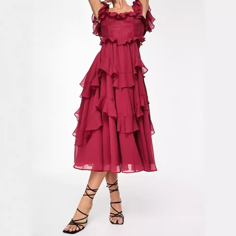 G6155 New style dress holiday dress lace backless hollow cake skirt ruffled pleated long skirt