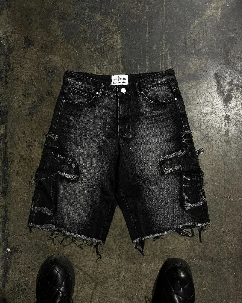 Y2K Trend Harajuku Gothic Hip Hop Retro Burr Cross Embryo Black Pocket High Waist Denim Shorts Mens and Womens Jeans 250317