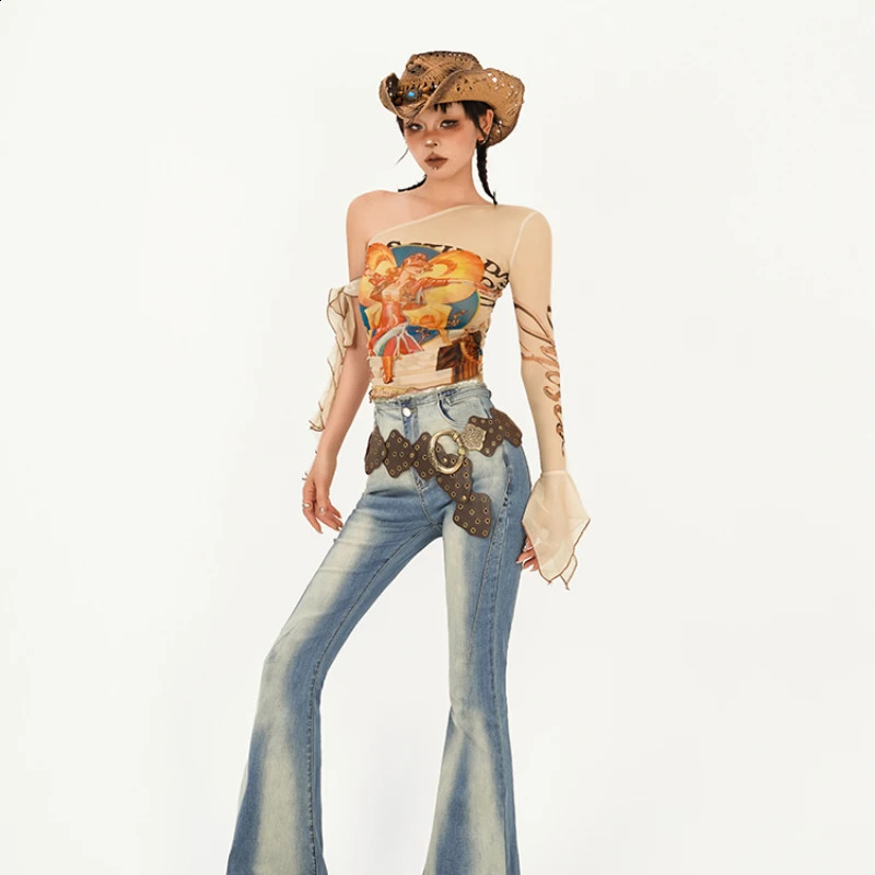 Fungus Women T-shirts Y2k One Shoulder Slim Summer Spicy Girls High Street Flare Sleeve Clothing American Style 250318