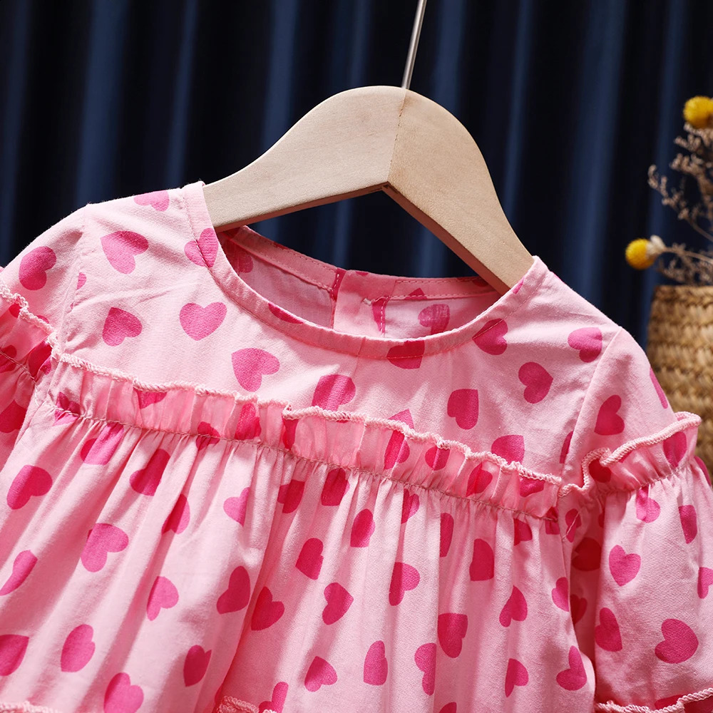 Korean Spring Autumn Children Girls Shirt Pink Heart Print Long Sleeve Lace Cotton Kid Baby Blouse Sweet Little Tops 250319