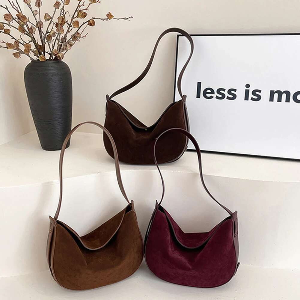 Women Suede Shoulder Solid Underarm Magnetic Closure Crescent Retro Hobo Bag For Work Travel Shopping