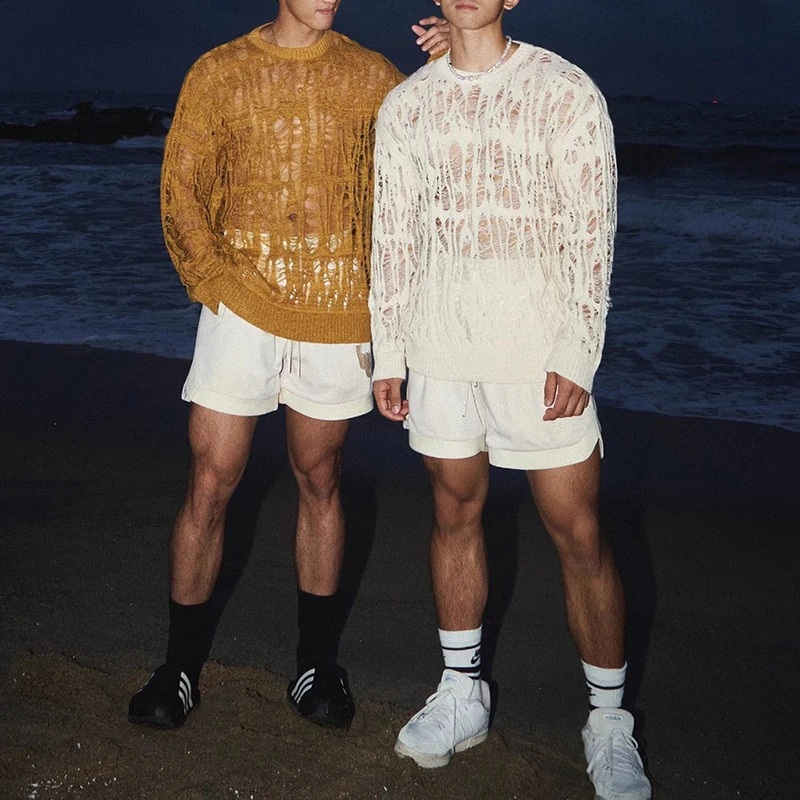 Sexy Hollow Mesh Knitted Tshirt for Men See Through Ripped Crew Neck Pullover Tops 2025 Spring Fashion 250319
