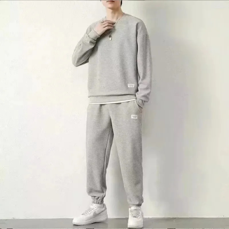 Mens Waffle Suit Sets Casual Long Sleeved Sweatshirt and Pants for Sports Tshirt Hoodie Trousers Set Loose Fit 250319