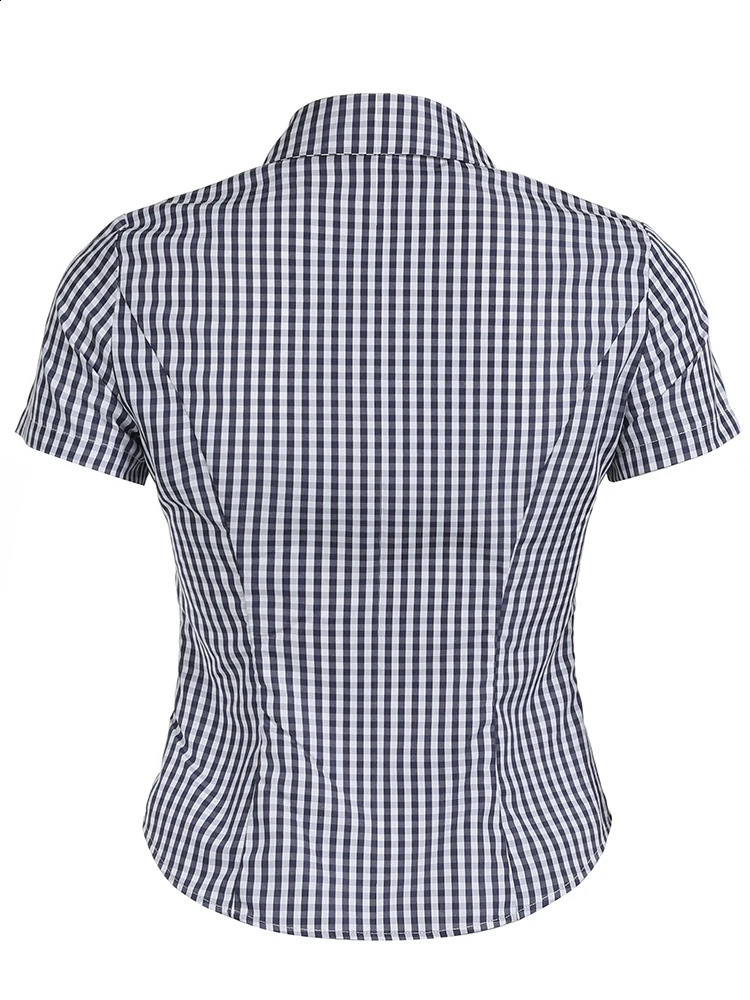 Sweetown American Retro Casual Short Sleeve Plaid Shirts For Women Button Up Turn Down Collar Summer Spring Preppy Tops 250319