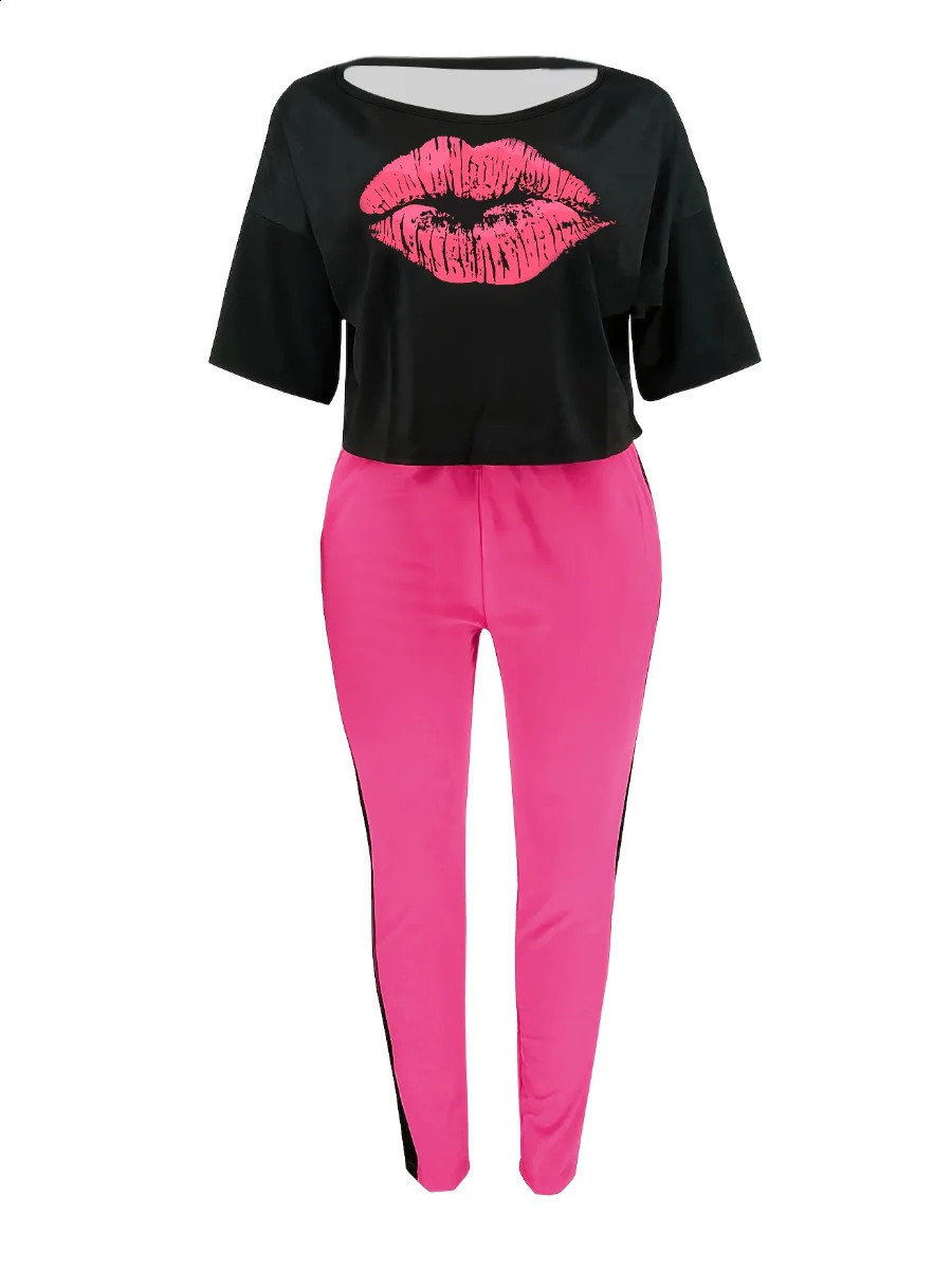 LW Plus Size One Shoulder Lip Print Striped Pants Set Summer Women Fashion Casual Half Sleeve Top Skinny Long Pants 250318