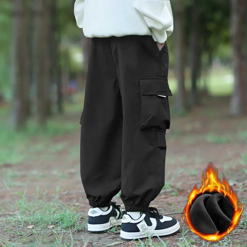 Boys Pants 2024 Autumn Winter Windproof Cargo Pants for Kids Plus Velvet Children Trousers Teenager Joggers Clothing 4-14TT250318