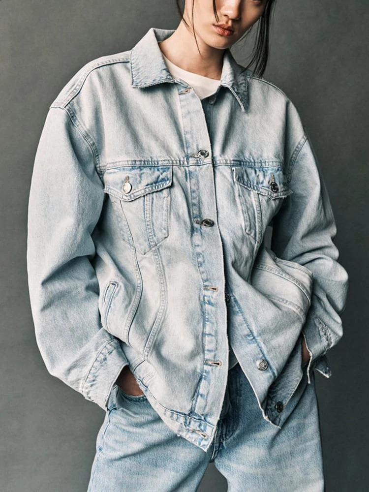 TRAF Womens Fashion Vintage Washed Denim Jacket Single Breasted Long Sleeve Lapel Hundreds of Bottom Shirt 250319
