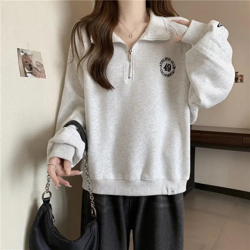 Lazy Style Letter y Half Zipper Pullover Plus Size Hoodie for Womens Casual Loose Standing Collar Long Sleeved Top 250318