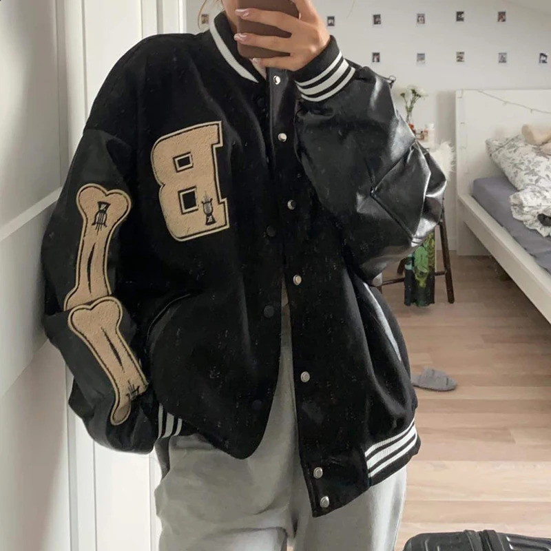 Varsity Baseball Bomber Jacket Women Hip Hop Harajuku Bone Letter Patchwork Leather Jackets Streetwear Men Unisex College Coats 250317