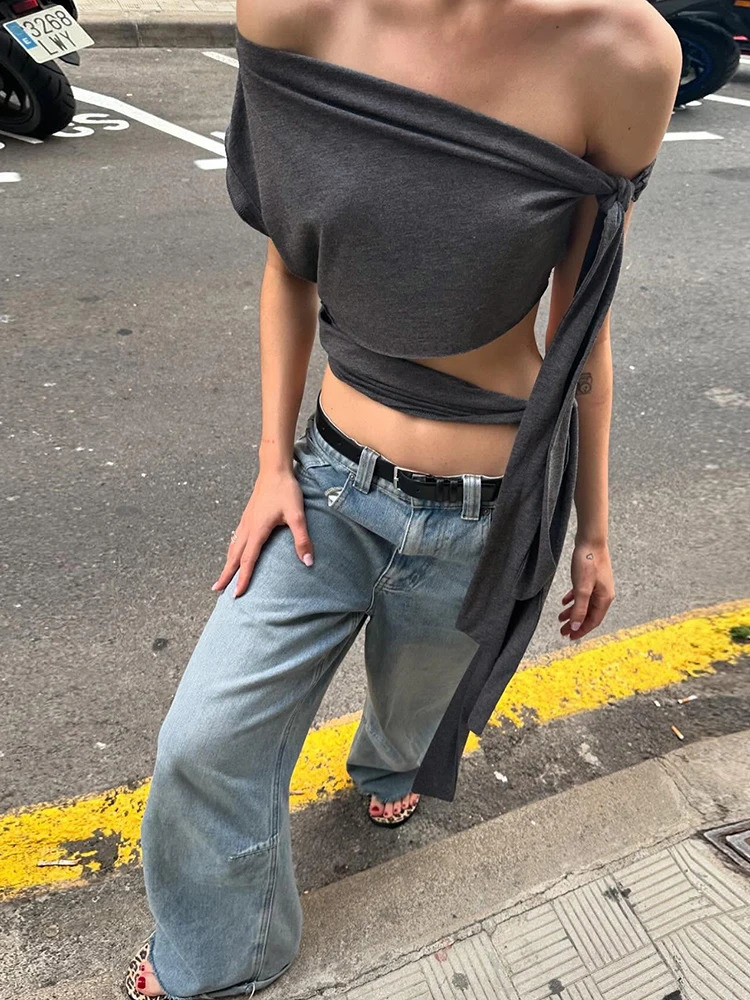 Weird Puss Hollow Bandage Tank Top Ribbon One Shoulder Solid Sexy Summer Trend Wild Midnight Club Skinny Irregular Vest 250319