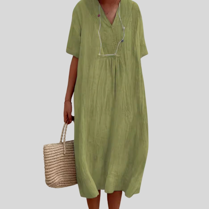 Cotton and linen spot women's clothing solid color, big V-neck fashion style loose short-sleeved dress
